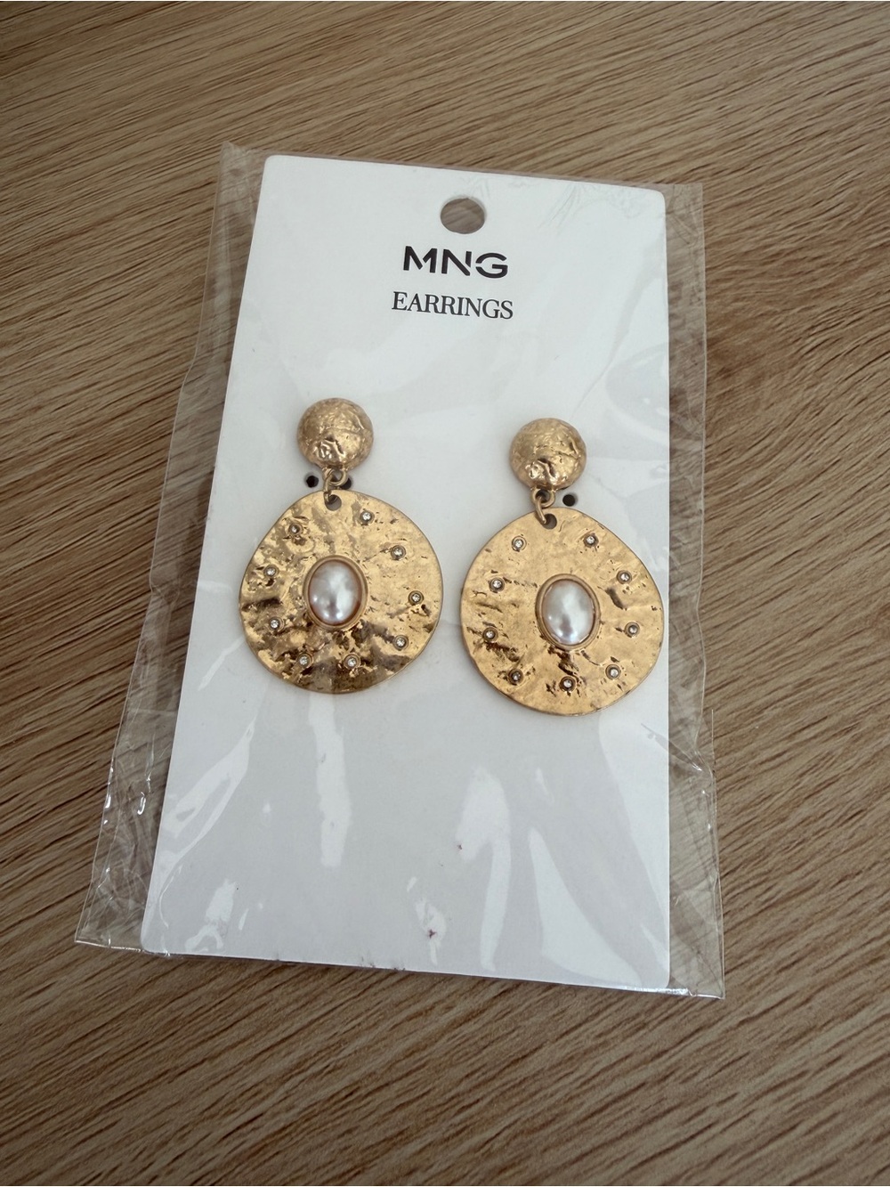 Mango Gold Hammered Disc Earrings with Pearl Center